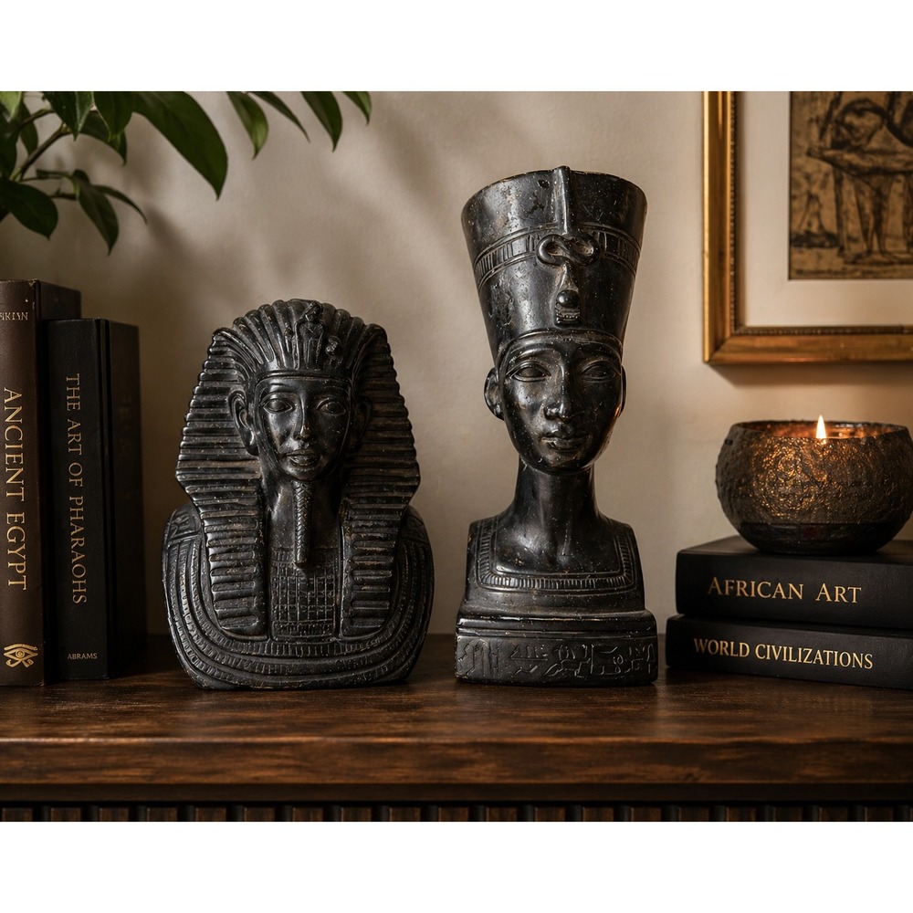 Egyptian Bust Set King Tut Nefertiti Statue Black Stone Hieroglyph Decor